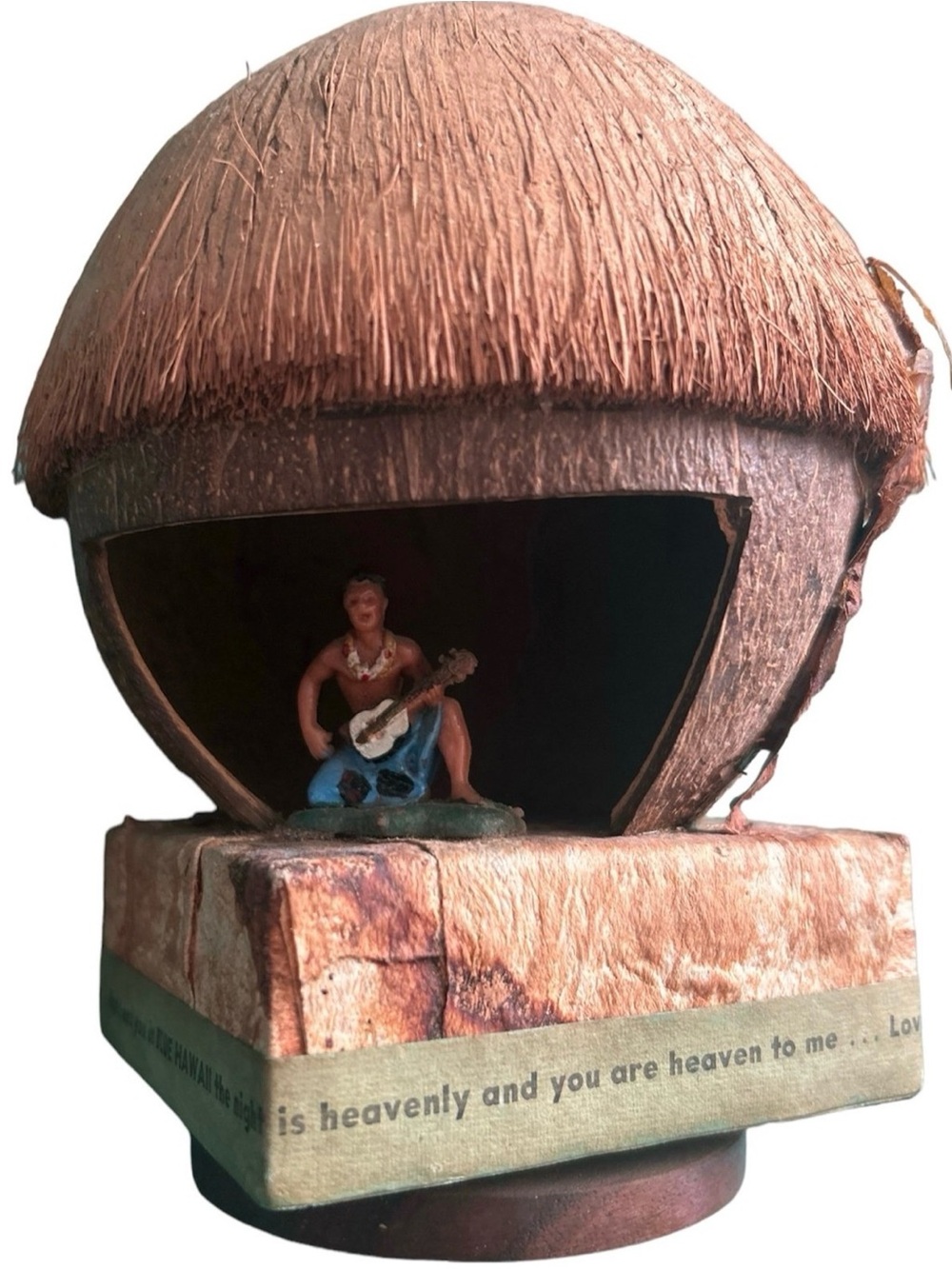 Vintage Hawaiian Coconut Shell Music Box Blue Hawaii Ukulele Player WORKS